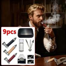 9-Piece Set - Portable Tobacco Pipe Set, Made Of Metal, Durable Short Wood-Grain Pipe, Comes With An Elegant Gift Box, Ideal Birthday/Anniversary Gift For Men, Fathers, And Husbands - Suitable For Travel And Daily Use, Perfect For Tobacco Enthusiasts. - 印花款 - 查看 10