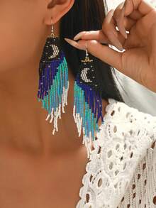 1对波西米亚风手工编织流苏新月珠耳环（手工编织图案可能有所不同） - 月亮 - 查看 2