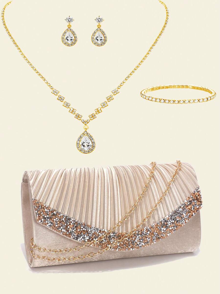 闪亮紫色女士手拿包 时尚晚宴包 派对婚礼单肩信封式设计 肩包 配有优雅水钻项链耳环手链首饰套装 婚礼新娘 - 杏色 - 查看 1