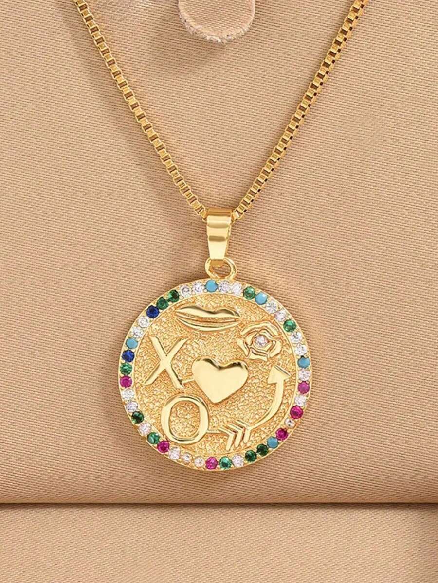 1件复古金色心形XO圆形吊坠项链，优雅珠宝，女士礼物，适合约会、送礼和日常佩戴（OPP袋包装） - 金色 - 查看 1