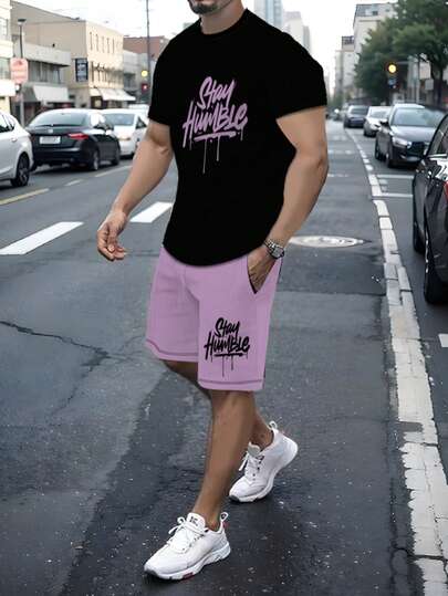 透气面料男士休闲运动套装，字母印花，圆领T恤，带口袋的抽绳短裤，时尚装扮