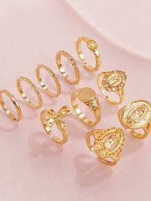 10pcs Exaggerated Rhinestone Crown & Cross Punk Fashion Finger Rings, Suitable For All Occasions, Great Gift Choice - 金色 - 查看 9