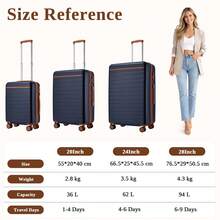 Valise rigide légère PC+ABS trolley 20‑24‑28 pouces, bagage cabine, roues 360°, cadenas à code, poignée télescopique, bagage voyage business unisex femme homme, lot 3 pièces disponible - Bleu marine - Voir 2