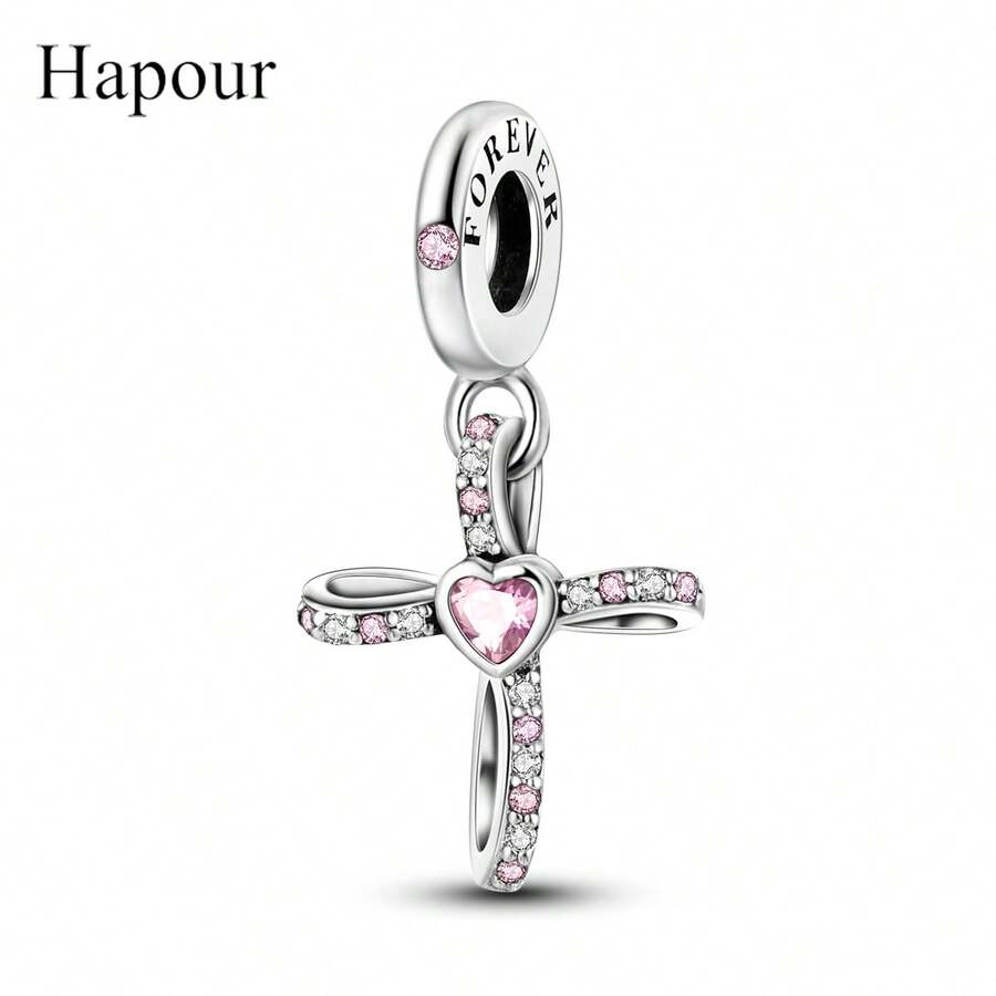 925 Sterling Silver Cross Pendant With Pink Cubic Zirconia, Suitable For Women's DIY Jewelry Making - Silver - View 1