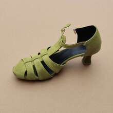 Giày sandal La Mã dệt kiểu cổ điển dành cho nữ, giày cao gót dày bằng da lộn màu xanh bơ, thiết kế độc đáo với quai bất đối xứng/cao gót lệch, giày ngoài trời mùa xuân & thu. - màu xanh lá - Xem 11