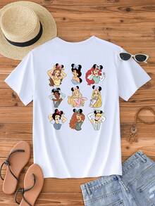 Disney Women's Casual White Cotton T-Shirt With Cartoon Princess & Minnie Mouse Ears Print, Short Sleeve Round Neck Regular Fit Top, Slight Stretch Fabric For Everyday Wear - 白色 - 查看 3
