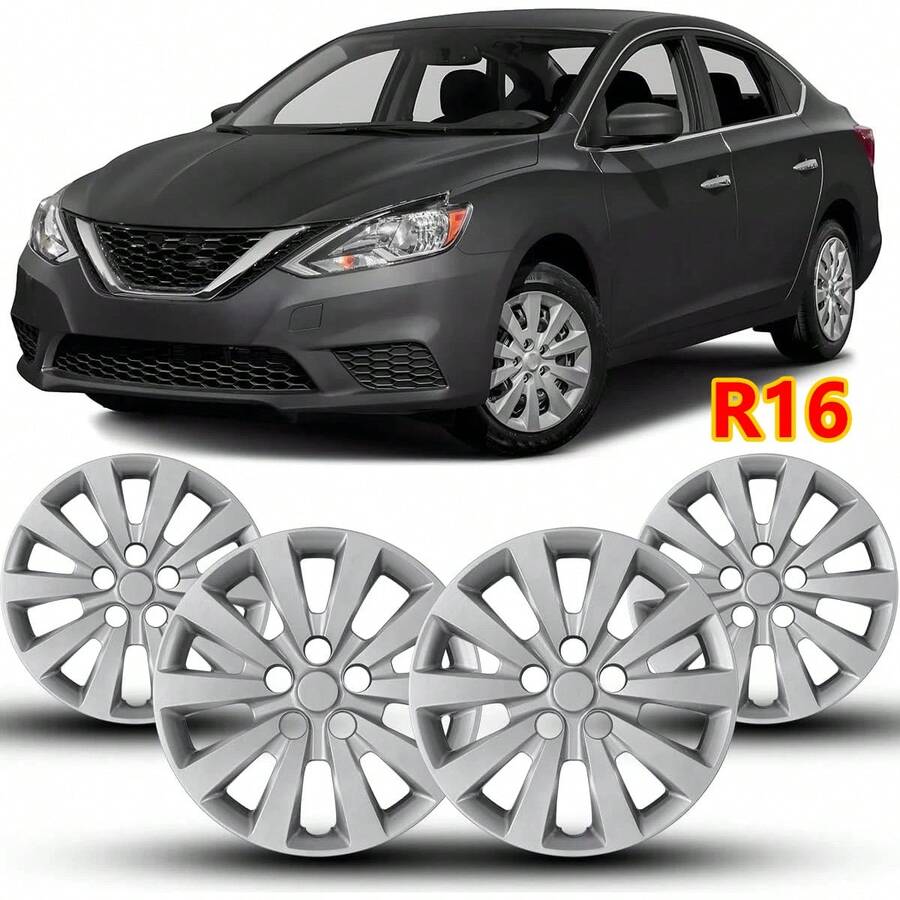 4-Pack Hubcaps Compatible With Nissan Leaf 2011-2025, Sentra 2013-2019, 16 Inch 16" Steel Wheel, Wheel Covers Skins, S-Nap On Tire Cover Replacement (Silver Color)