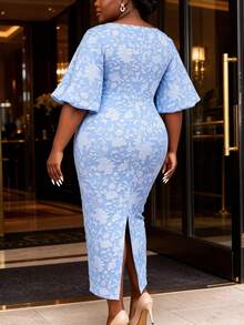 Women Jacquard Elegant Light Blue Long Curvy Peplum Dress Cutout Wedding Guest Sunday Occasion Party Dresses Spring - Baby Blue - View 2