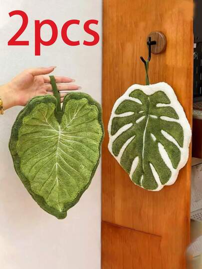 2pcs Leaf Shaped Kitchen/Bathroom Hand Towels, With Hanging Hook Design, Made Of Absorbent Material. Suitable For Bathroom, Dining Room And Kitchen. Ideal Gift For Mother's Day Or Easter.