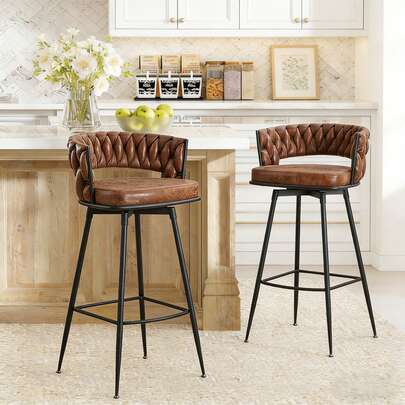 DYHOME Bar Stools, Set Of 2, With Woven Backrest And Foot Cushions, Swivel, PU Leather Cover, Seat Height 79 Cm, Suitable For Kitchen, Dining Room Or Bar Counter
