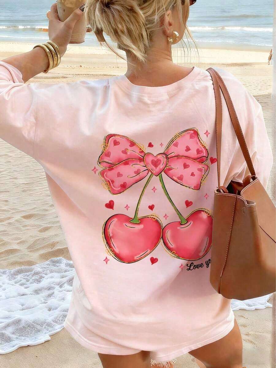 Women's Summer Valentine's Day New Simple Bow Heart Print Casual Vacation Loose Versatile Round Neck Camel Short Sleeve T-Shirt, Fashionable Everyday Top, Suitable For Daily Vacation And Valentine's Day Datewinter Clothes For Women - 粉色 - 查看 1