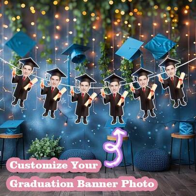 Custom Graduation Photo Banner, Personalized Custom Face Graduation Bunting, Custom Photo Graduation Party Decorations, Unique Graduation Banner With Custom Portrait, Personalized Graduation Hanging Swirl Decor, Custom Face Graduation Banner For Party Supplies, Perfect For High School College University Graduation Party Decor