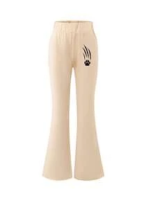 1 Conjunto de ropa para niña preadolescente, que incluye una camiseta de cuello redondo color albaricoque y pantalones acampanados a juego, con estampado gráfico creativo de cabeza de lobo - Albaricoque - View 8