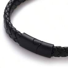 1pc Pure Black Matte Finish Black Buckle Men's Pu Leather Bracelet, Titanium Steel Punk Braided Wristband - Màu đen súng - Xem 6