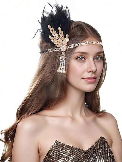 Băng đô cài tóc thập niên 1920 đính lông vũ, phụ kiện đội đầu phong cách Bohemian dành cho nữ, băng đô hợp kim kẽm hình thoi trang trí lông vũ.