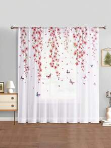 1PC Romantic Cherry Blossom 2D Printed Curtains, Fresh Pink Butterfly Pattern Curtains - Multicolor - View 13