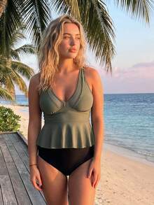 Women's Tankini Swimsuits Ruffled Hem V Neck Sleeveless Tops With Thongs 2 Pcs Set Bathing Suit - Army Green - View 6