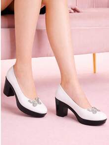 Zapatos de tacón grueso con detalle de mariposa y plataforma - Blanco - Ver 4