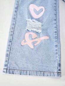 Tween Girls' Cartoon Print Distressed Loose Wide-Leg Jeans - Blue - View 8