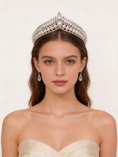 1pc Rhinestone & Faux Pearl Elegant Crown Headpiece, Suitable For Women's Wedding, Formal Event, Performance, Coming-Of-Age Ceremony