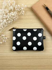 1pc Fashion Black & White Asymmetrical Polka Dot Card Holder Wallet, Minimalist Bohemian Style Cute Small Coin Purse, PU Leather Zipper Closure Design, Fits Cards, Cash, Coins, Ideal For Daily Use, Commuting, Gifts - Black and White - View 6