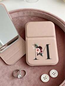 1pc A-Z Letter Foldable Makeup Mirror, Pink Floral Black Letter Portable Travel Makeup Mirror With Stand, Rectangular Desktop Vanity Mirror, Lightweight And Convenient, Personalized Letter Gift Suitable For Mom, Teacher, Girlfriend, Birthday, Mother's Day, Christmas, Graduation, Independence Day, Wedding, Music Festival - Multicolor - View 3