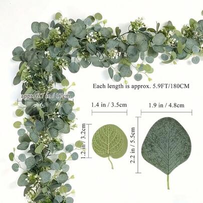 1pc Artificial Eucalyptus Wreath, White Flowers, 5.9ft/180cm Silver Eucalyptus Leaves & Baby's Breath Wreath, Fake Greenery Garland, Suitable For Wedding, Party, Fireplace, Table Runner, Home Decor, Office Decor, Summer Decor