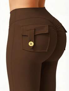 6pecil 女士户外喇叭裤，带口袋；女士紧身运动打底裤，提臀瑜伽裤；巧克力棕色春季款 - 巧克力棕 - 查看 6