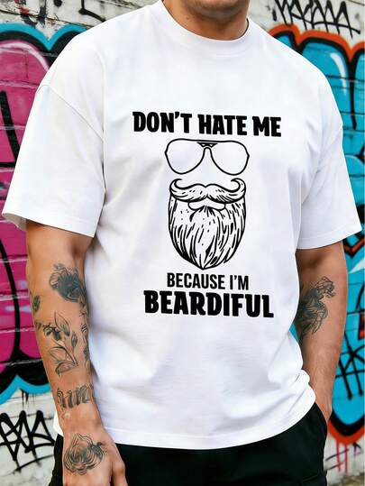 Camiseta gráfica de moda para hombres - Estampado de bigote + gafas de moda, uso casual diario