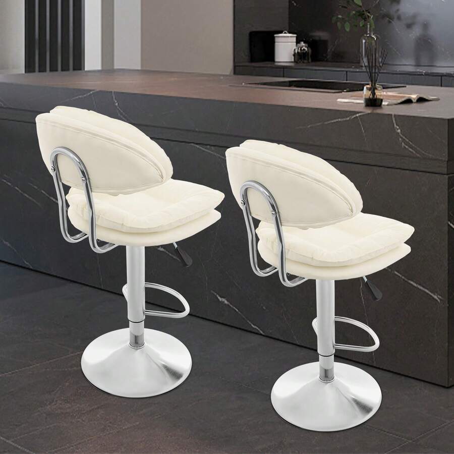 2-Piece Set Of Chair Stools With Backrests, 360° Swivel Bar Stools With Footrests, Adjustable Height 24.41-32.28 Inches, Fabric Bar Stools, Armless Kitchen Stools, Bar Stools For Dining Room - White - View 1
