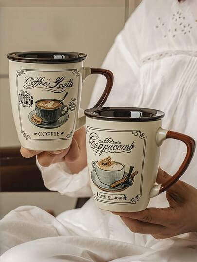 1个意式拿铁、摩卡、卡布奇诺陶瓷咖啡杯，带盖和勺子；复古美式拿铁杯；法式复古早餐燕麦牛奶杯；适用于餐厅、客厅、咖啡馆