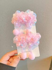 2pcs Girls' Pink Flower & Pom Pom Hair Scrunchies, Cute Everyday Use - Multicolor - View 9
