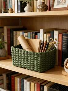 1pc/3pcs Handmade Woven Storage Baskets Set, Paper Rope Woven Organizer Baskets, Home Storage & Organization, Suitable For Living Room, Bedroom, Cabinet, Office, Home Decor, Rustic Style Storage Baskets - Army Green - View 5