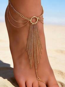1pc Multi-Layer Tassel Chain Toe Ring, Metal Circular Ring With Multi-Chain Design, Bohemian Style Beach Resort Accessory, Sexy & Unique Layered Foot Jewelry - Golden - View 3