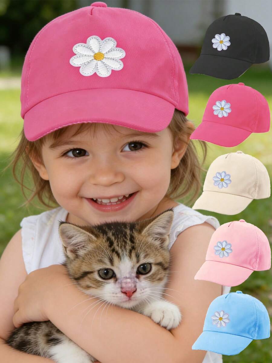 1pc Baby/Toddler/Kids Solid Color Floral Pattern Adjustable Baseball Cap, Suitable For Outdoor Sun Protection, Sports, Travel, Birthday Gift - Multicolor - View 1