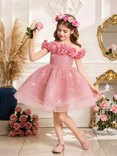 女童粗肩带3D玫瑰花朵亮片薄纱优雅婚礼花童礼服，适合毕业典礼、舞会、派对、特殊场合、节日（不含头饰）