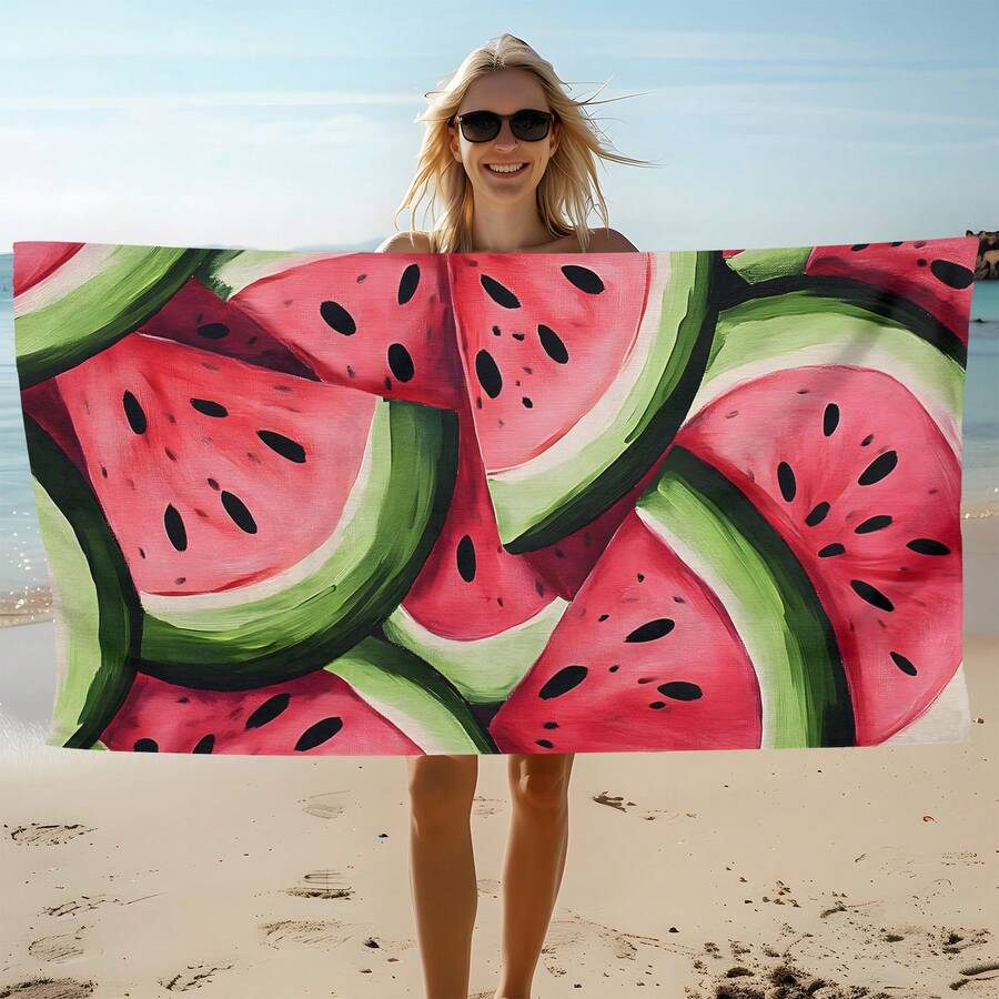 1 pieza Toalla de playa con estampado de sandía, toalla de playa suave, cómoda y ligera, adecuada para viajes, natación, buceo, surf, yoga, camping, accesorios de playa - SSTJ10679 - Ver 1