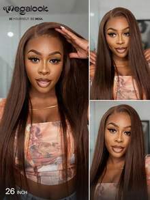 MEGALOOK 13x6 Lace Front 3-Part 4# Brown Glueless Human Hair Wig, Straight Wave Chocolate Brown Colored Human Hair Wig, Natural Daily Wear For Women - S4 - View 3
