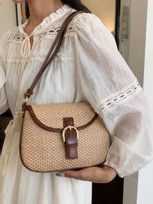 New Summer Niche Straw Saddle Bag, Handheld/Shoulder/Crossbody Versatile Woven Bag - Khaki - View 2