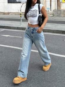 女士高腰宽松直筒牛仔裤，优雅休闲，简约学院风 - 淺藍色 - 查看 2
