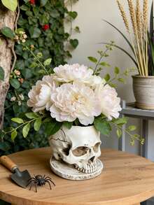 哥特式树脂骷髅花盆 - 白色，适合种植多肉植物、香草、小型室内植物，室内/室外均可使用（厨房、露台、浴室），易于清洁，引人注目的家居园艺装饰品，适合植物爱好者和哥特爱好者。 - A - 查看 2