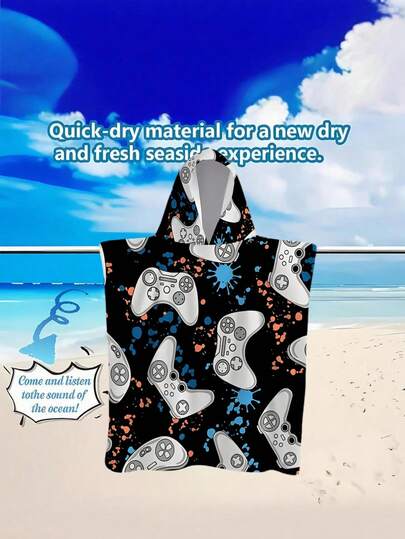 1 قطعة رداء كابوت من البوليستر ذو قبعة، منشفة شاطئ كبيرة الحجم - بتصميم وحدة تحكم ألعاب حيوية، منشفة شاطئ، بوليستر ناعم ومتين، مناسب للسباحة والسفر وعطلات الشاطئ، أردية حمام للرجال والنساء، منشفة شاطئ، أردية حمام للنساء، ديكور