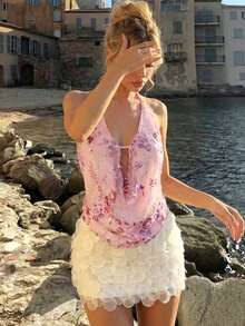 Women's Elegant Pink Sequin Floral Halter Neck Spaghetti Strap Top, Chic Sexy Vacation Top - Pink - View 5
