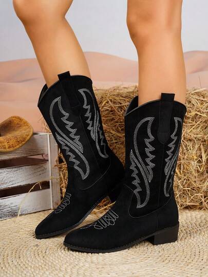 Women's Fashion Embroidered Faux Suede Pointed Toe Chunky Heel V-Cut Over-The-Knee Boots, Stylish Punk Rock Chelsea Boots, Outdoor Casual Fashion Boots