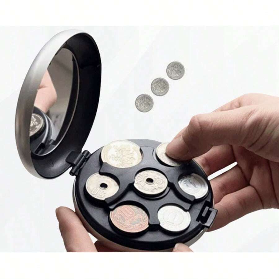2-In-1 Car Coin Holder With Built-In Mirror, Portable Euro Coin Organizer, Durable Plastic Case, Fits Standard Cup Holders, Compact & Practical, Ideal For Vehicle Use, Black Tone, Perfect For Road Trips & Daily Commutes, Great Holiday Gift