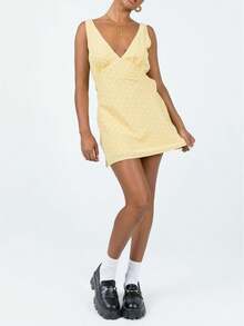 Tank Dress For Women Sleevelesss Ruched V Neck Mini Dress Polka Dots Print A-Line Short Summer Dress Y2k Streetwear - 黃色 - 查看 1