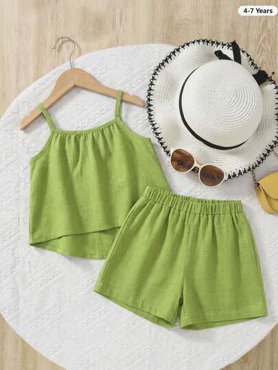 2pcs/Set Girls Casual Fashion Summer Beach Vacation Style Front Short Back Long Design Sleeveless Woven Camisole And Shorts Set, Suitable For Summer Casual Outings, Vacation And Daily Wear