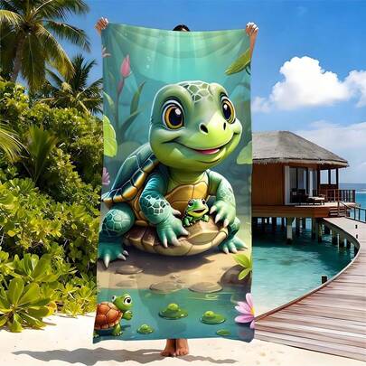 Pond Turtle Frog Buddies Beach Towel, Cruise Essentials, Beach Towel, Beach Must-Haves, Women's Beach Accessories, Vacation Essentials, Quick Dry Absorbent Towel, Lightweight & Portable, Soft Sand-Free, Ideal For Beach, Pool, Cruise Ship, Summer Vacation, Durable Washable, Cute Cartoon Print, Perfect For Women's Beach Outfit, Essential Vacation Item For Beach Lovers, Coastal Design, Large Size Comfortable Towel For All Ages