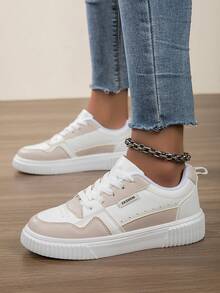 Sneaker casual da donna per autunno/inverno, con lacci, suola morbida, piatte e confortevoli, da skateboard, leggere, basse, per uso quotidiano - Beige - Visualizzare 6