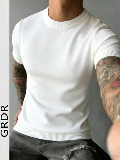  Camiseta de punto de cuello redondo de manga corta a rayas para hombre GRDR - Camiseta casual minimalista versátil y de moda